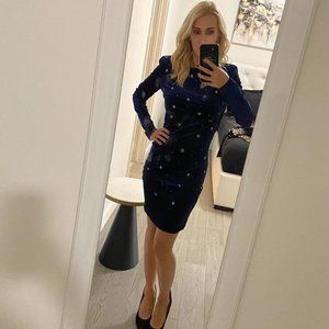 Mango Midnight Blue Velvet Dress with Moon, Stars, and Saturn Print